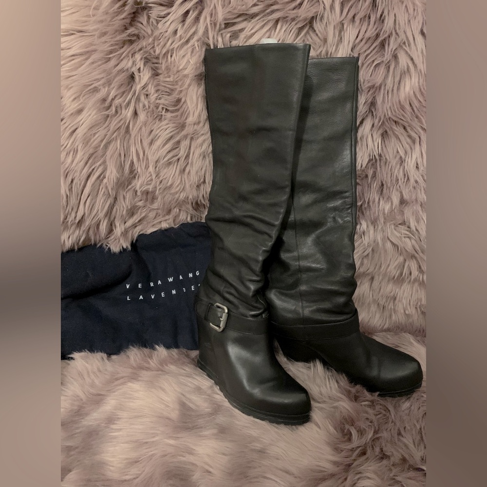 Vera Wang Lavender Leather Knee Moto Wedge Boots Black Size 7